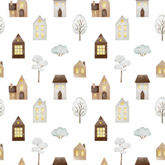 Christmas seamless pattern with cute scandinavian houses, snowtrees. Decorative background. Hand painted illustrations. Winter holiday design for cards, wallpaper, scrapbooking
