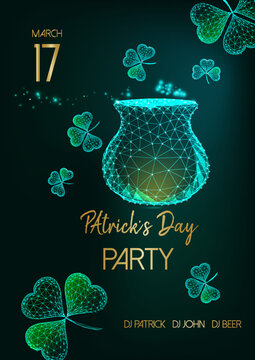 Saint Patricks Day Party Invitation Flyer With Glow Low Poly Pot With Gold, Shamrock Leaves And Text