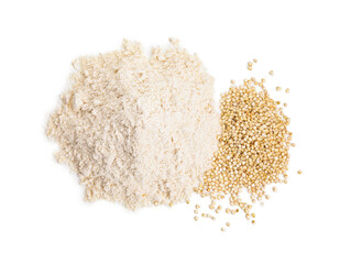 Pile of quinoa flour and grains isolated on white, top view