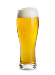 Glass of tasty light beer on white background