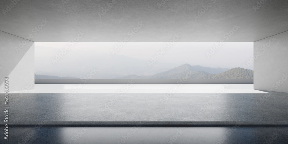 Aufkleber 3d render of abstract architecture with large terrace on mountain background, Concrete showroom design. 
