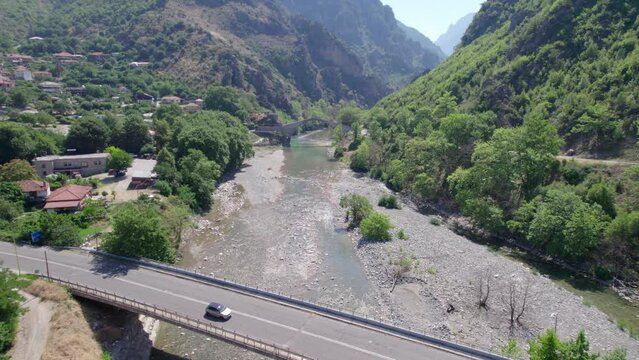Aerial of a bridge next to Konitsa, Greece in the summertime.