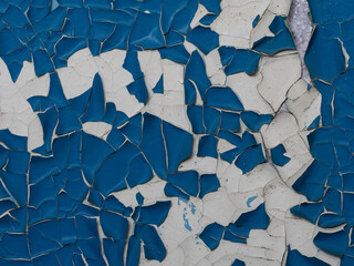 Blue peeling paint on the wall. Old concrete wall with cracked flaking paint. Weathered rough painted surface with patterns of cracks and peeling. Texture for background and design.