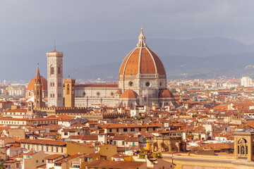 Fototapeta na wymiar Cathedral of Saint Mary of the Flower in Florence, Italy, seen from a distance