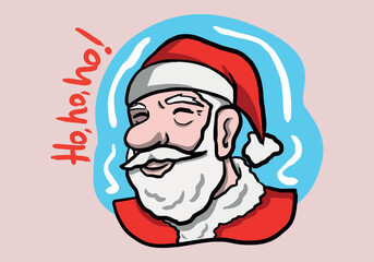 Hand drawing of santa clause in cartoon style with ho ho ho hand drawn text. Santa with red costume.