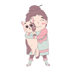 cute cartoon doodle girl in a voluminous ugly hygge sweater with a bun on her head will hug a cat