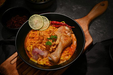 Khao Soi Kai, Unique and delicious northern Thai spicy curry with egg noodles and chicken