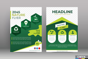 Green eco flyer, poster, brochure, magazine, annual report, booklet, cover banner template. Modern green leaf, environment design. Size A4 CMYK Vector illustration