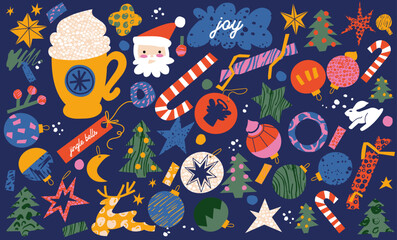 Vector set of Christmas traditional decoration in contemporary modern trendy style. Holiday background.
