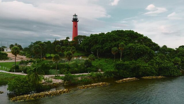 Drone shot of the Jupiter Inlet Lighthouse in Jupiter, Florida.