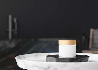 White and golden, blank, unbranded cosmetic cream jar standing on the table at home. Skin care product presentation. Elegant mockup. Skincare, beauty and spa. Jar with copy space. 3D rendering.