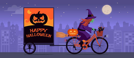 Witch riding a bicycle and Happy Halloween wishes