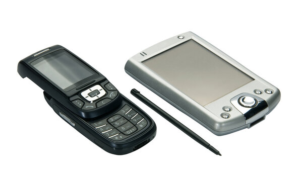 Old mobile and pocket, isolated on white background.