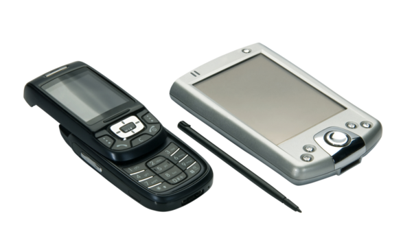 Old mobile and pocket, isolated on white background.