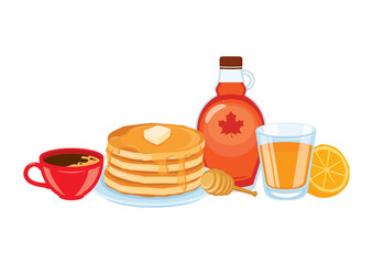Pancakes with syrup, coffee, orange juice breakfast still life vector. Fresh sweet pancakes with butter and maple syrup icon vector. Breakfast food and drink icon isolated on a white background