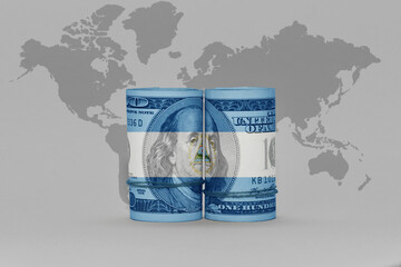 national flag of nicaragua on the dollar money banknote on the world map background .3d illustration