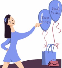Young lady and shopping bag with balloons labeled Black Friday.