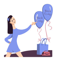 Young lady and shopping bag with balloons labeled Black Friday.