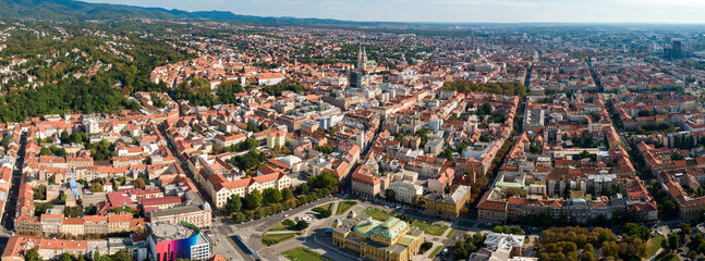 Aerial view at capital town of Croatia, Zagreb city main square, Europe. / Zagreb aerial cityscape Croatia.