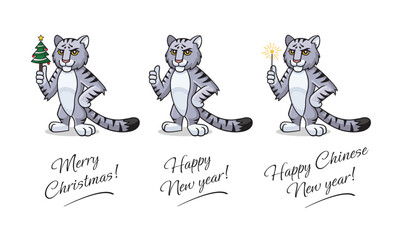 Vector cat zodiac set. Character, mascot, symbol, sign of Chinese New year. Cat is holding in hand christmas tree, sparkler, showing thumb up. Happy Chinese New Year, Merry christmas greeting.