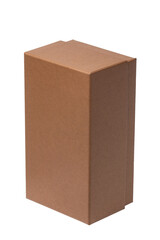 Closed brown cardboard box or kraft paper box with clipping path isolated on white background. Suitable for packaging. Macro.