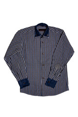 Checked shirts. Close-up of a blue gray and white tartan or plaid shirt for mens isolated on a...