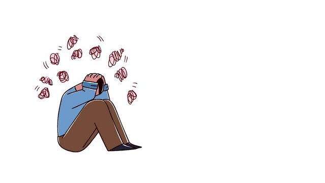 Man in depression. Stress. He sits with his head down. He grabbed his head with his hands. Despair and sadness. Psychological problems. The male. Problems in business and family. Character 2D animatio