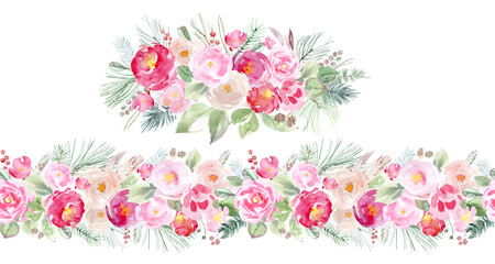 Watercolor bouquets of roses, leaves, branches. Pink roses art. Floral bouquets, frames and wreaths. Geometric metal frames with flowers. Set of roses for cards, scrapbooking, invitations, 