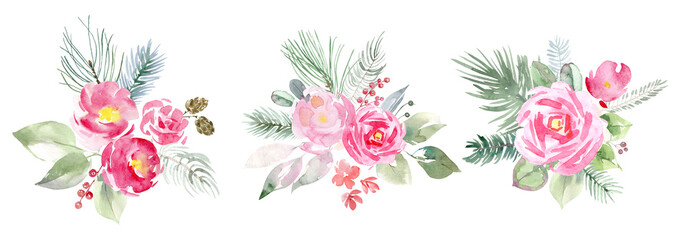 Obraz premium Watercolor bouquets of roses, leaves, branches. Pink roses art. Floral bouquets, frames and wreaths. Geometric metal frames with flowers. Set of roses for cards, scrapbooking, invitations, 