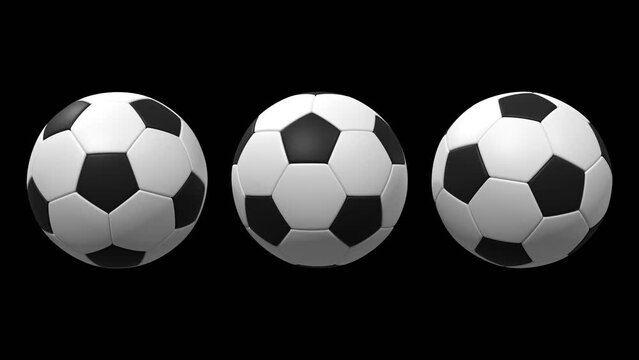 white with black soccer ball football isolated on a black background 3d illustration rendering 4k resolution video, looping video