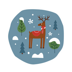 Christmas composition with a deer. All elements of the composition are isolated. Vector flat illustration.