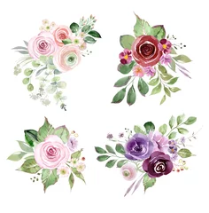 Stof per meter Bloemen Watercolor bouquets of roses, leaves, branches. Pink roses art. Floral bouquets, frames and wreaths. Geometric metal frames with flowers. Set of roses for cards, scrapbooking, invitations, 