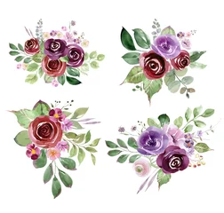 Foto op geborsteld aluminium Bloemen Watercolor bouquets of roses, leaves, branches. Pink roses art. Floral bouquets, frames and wreaths. Geometric metal frames with flowers. Set of roses for cards, scrapbooking, invitations, 