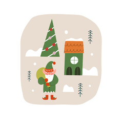 Christmas vector composition with gnome. All objects are isolated. Christmas card in hand drawn style.