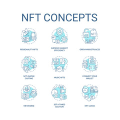 NFT turquoise concept icons set. Blockchain technology. Making money in cyberspace idea thin line color illustrations. Isolated symbols. Editable stroke. Roboto-Medium, Myriad Pro-Bold fonts used