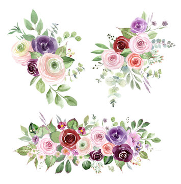 Watercolor bouquets of roses, leaves, branches. Pink roses art. Floral bouquets, frames and wreaths. Geometric metal frames with flowers. Set of roses for cards, scrapbooking, invitations, 