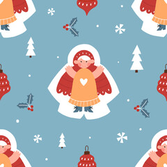 Seamless Christmas pattern with snow angel. Festive winter wallpaper on a blue background. Background for home textiles. Vector pattern in hand drawn style.