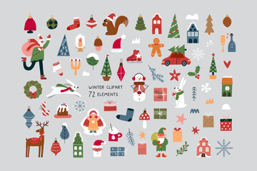 A big Christmas set of winter elements isolated on a white background. Vector hand drawn illustration.