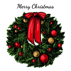 Festive illustration of a Christmas fir tree wreath with a bow and New Year's toys. Bright hand drawing.