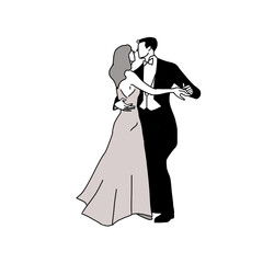 ダンスをする燕尾服の男性とドレスの女性