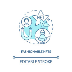 Fashionable NFTs turquoise concept icon. Blockchain. Trend in digital space abstract idea thin line illustration. Isolated outline drawing. Editable stroke. Arial, Myriad Pro-Bold fonts used