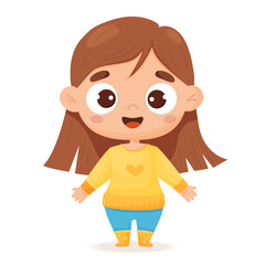 Cute fair-skinned girl with long hair. Vector illustration. Children character in cartoon style for card design, decor, print and kids collection.