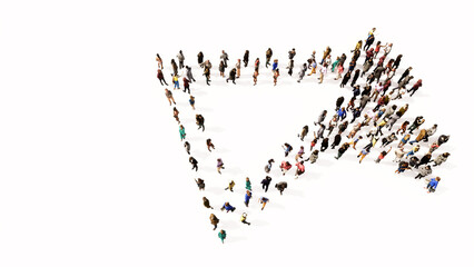 Concept conceptual large community of people forming the megaphone icon. 3d illustration metaphor for communication, audio announcement, broadcast, warning and marketing