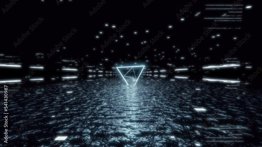 Wall mural triangle vj neon glow universal background loop. travel passing neon nebula on light bridge with sta