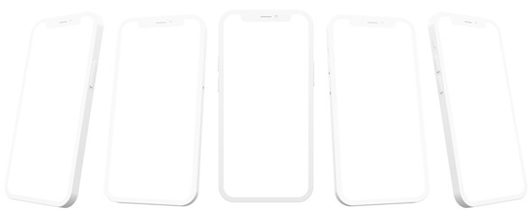 Stylized white Smartphone mockup isolated with transparent screen png in different viewing angles	
