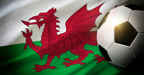 Wales national team background with ball and flag top view - obrazy, fototapety, plakaty