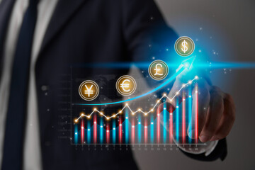 Businessman Hand and Finger Press or Touch Color Stock Graph and Money Currency Trend