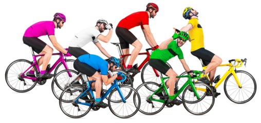 colorful bicycle road race sport competiton. Professional athletes in team colors racing each other on modern carbon bikes for the win isolated white background