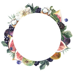 Round frame of fruits and berries on a white background. Watercolor hand painted illustration. Element for design of invitations, movie posters, fabrics and other objects
