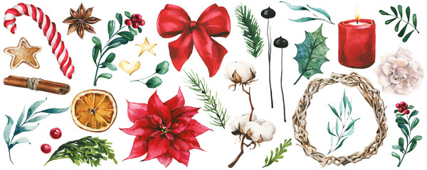 Isolated candy, gingerbread, anise, branch leaves, red berries, holly leaf, cinnamon, dry orange, fir tree, bow, wreath. Cut out hand drawn PNG illustration on transparent background. Clipart drawing.